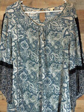 CATO XL Paisley Boho Blouse Blue Teal Lace Inset Flared Sleeve Rayon Top